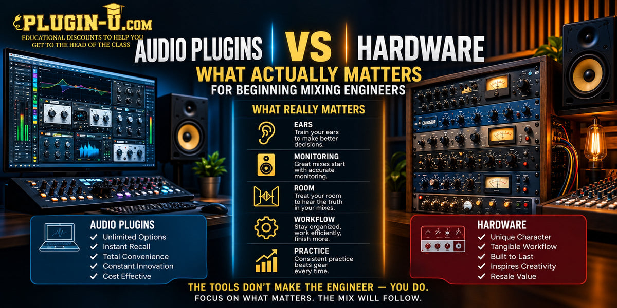 Audio plugins versus studio hardware comparison for beginning mixing engineers