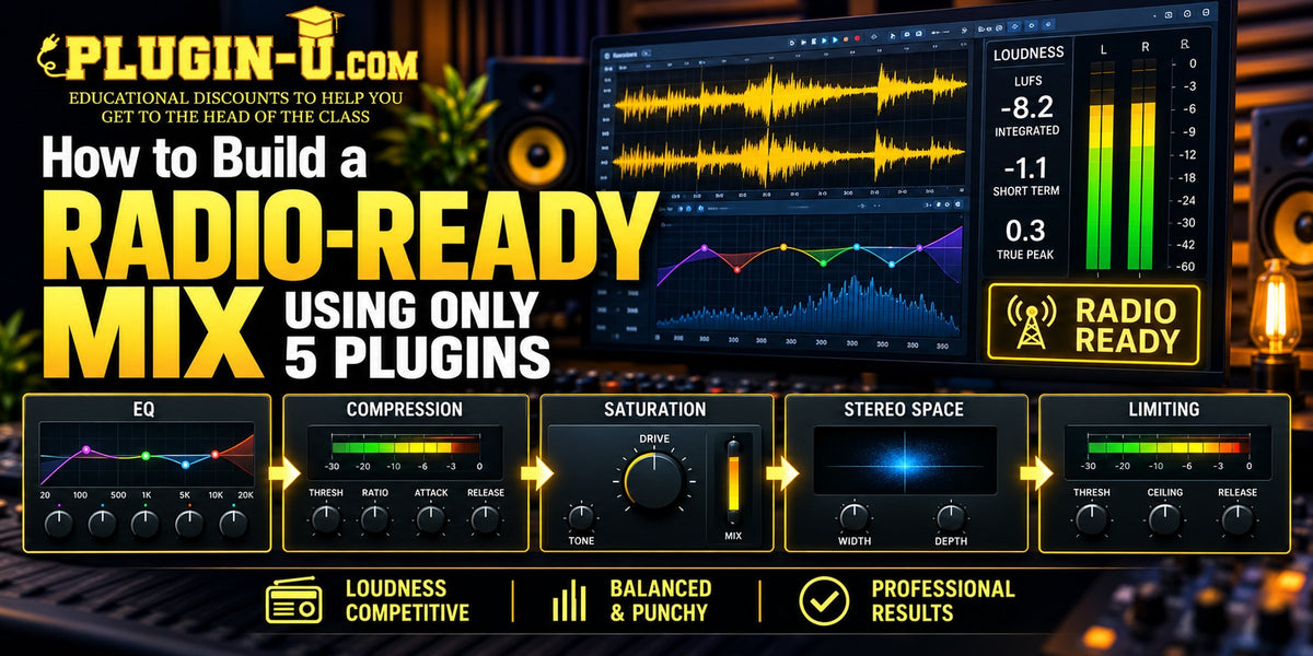 Five-plugin workflow for building a radio-ready mix with EQ, compression, saturation, reverb and limiting