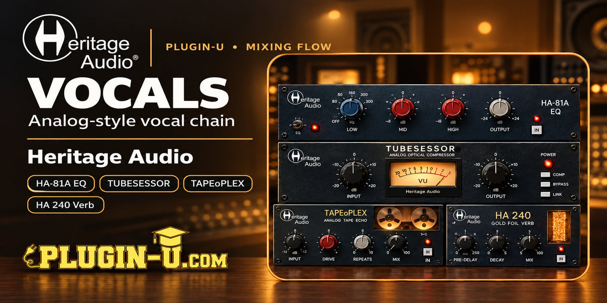 Heritage Audio plugin workflow for mixing vocals with EQ, compression, tape delay and reverb